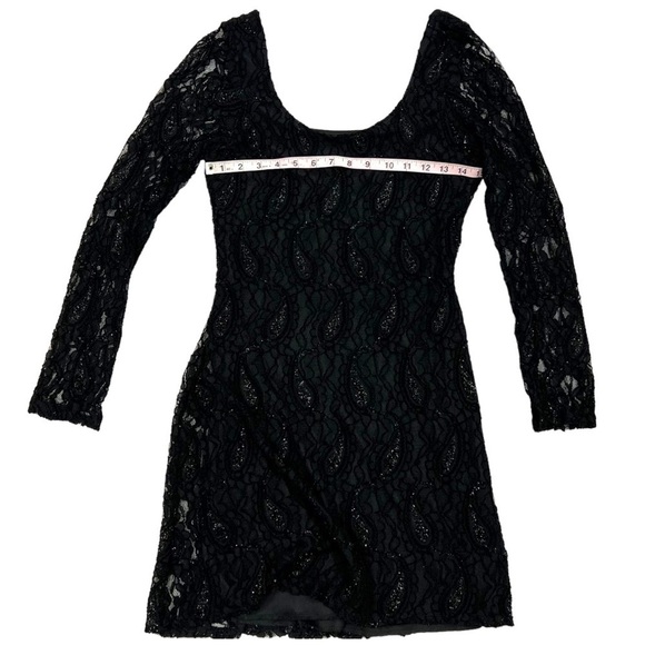 CURE Black Lace Bodycon Mini Dress Medium Scoop Back Long Sleeve Glitter Sheer - Picture 10 of 15